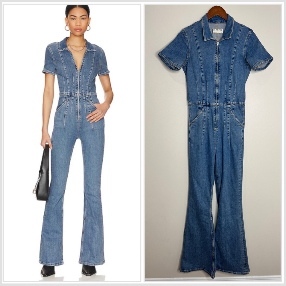 We the Free Jayde Flare Short Sleeve Stretch Denim Jumpsuit Zip High Rise Med